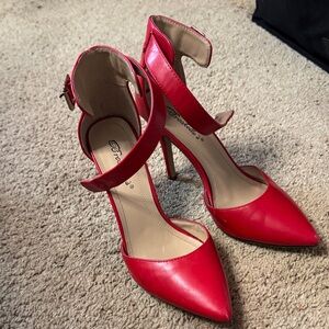Breckelles Red Pointed Toe Ankle Strap Stiletto Heels
